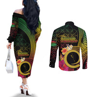 Vanuatu Independence Day Couples Matching Off The Shoulder Long Sleeve Dress and Long Sleeve Button Shirt Sand Drawing Melanesian Vibes LT03 - Polynesian Pride