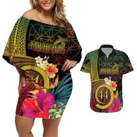Vanuatu Selebretem 44th Indipendens Dei Couples Matching Off Shoulder Short Dress and Hawaiian Shirt Sand Drawing Melanesian Vibes LT03 Black - Polynesian Pride