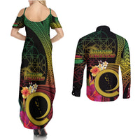 Vanuatu Selebretem 44th Indipendens Dei Couples Matching Summer Maxi Dress and Long Sleeve Button Shirt Sand Drawing Melanesian Vibes LT03 - Polynesian Pride