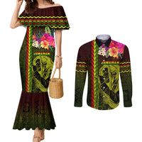 Hawaiian Reggae Music Couples Matching Mermaid Dress and Long Sleeve Button Shirt Jamaica Singer Tribal Polynesian and Hibiscus LT03 Black - Polynesian Pride
