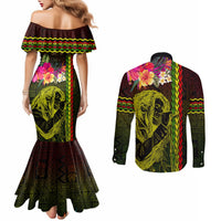 Hawaiian Reggae Music Couples Matching Mermaid Dress and Long Sleeve Button Shirt Jamaica Singer Tribal Polynesian and Hibiscus LT03 - Polynesian Pride
