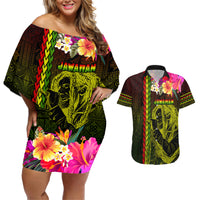 Hawaiian Reggae Music Couples Matching Off Shoulder Short Dress and Hawaiian Shirt Jamaica Singer Tribal Polynesian and Hibiscus LT03 Black - Polynesian Pride
