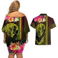Hawaiian Reggae Music Couples Matching Off Shoulder Short Dress and Hawaiian Shirt Jamaica Singer Tribal Polynesian and Hibiscus LT03 - Polynesian Pride
