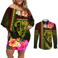 Hawaiian Reggae Music Couples Matching Off Shoulder Short Dress and Long Sleeve Button Shirt Jamaica Singer Tribal Polynesian and Hibiscus LT03 Black - Polynesian Pride