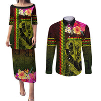 Hawaiian Reggae Music Couples Matching Puletasi and Long Sleeve Button Shirt Jamaica Singer Tribal Polynesian and Hibiscus LT03 Black - Polynesian Pride