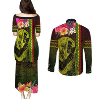 Hawaiian Reggae Music Couples Matching Puletasi and Long Sleeve Button Shirt Jamaica Singer Tribal Polynesian and Hibiscus LT03 - Polynesian Pride