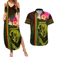 Hawaiian Reggae Music Couples Matching Summer Maxi Dress and Hawaiian Shirt Jamaica Singer Tribal Polynesian and Hibiscus LT03 Black - Polynesian Pride