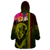 Hawaiian Reggae Music Wearable Blanket Hoodie Jamaica Singer Tribal Polynesian and Hibiscus