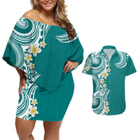 Aloha Polynesian Plumeria Flower Couples Matching Off Shoulder Short Dress and Hawaiian Shirt Teal Color LT03 Teal - Polynesian Pride