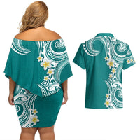 Aloha Polynesian Plumeria Flower Couples Matching Off Shoulder Short Dress and Hawaiian Shirt Teal Color LT03 - Polynesian Pride
