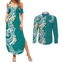 Aloha Polynesian Plumeria Flower Couples Matching Summer Maxi Dress and Long Sleeve Button Shirt Teal Color LT03 Teal - Polynesian Pride