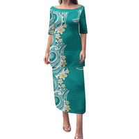 Aloha Polynesian Plumeria Flower Family Matching Puletasi and Hawaiian Shirt Teal Color LT03 Mom's Dress Teal - Polynesian Pride