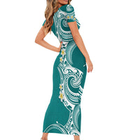 Aloha Polynesian Plumeria Flower Family Matching Short Sleeve Bodycon Dress and Hawaiian Shirt Teal Color LT03 - Polynesian Pride
