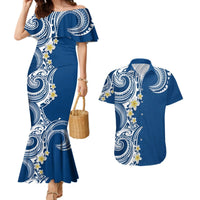 Aloha Polynesian Plumeria Flower Couples Matching Mermaid Dress and Hawaiian Shirt Blue Color LT03 Blue - Polynesian Pride