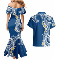 Aloha Polynesian Plumeria Flower Couples Matching Mermaid Dress and Hawaiian Shirt Blue Color LT03 - Polynesian Pride