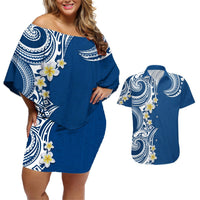 Aloha Polynesian Plumeria Flower Couples Matching Off Shoulder Short Dress and Hawaiian Shirt Blue Color LT03 Blue - Polynesian Pride