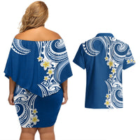 Aloha Polynesian Plumeria Flower Couples Matching Off Shoulder Short Dress and Hawaiian Shirt Blue Color LT03 - Polynesian Pride