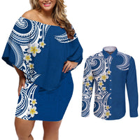 Aloha Polynesian Plumeria Flower Couples Matching Off Shoulder Short Dress and Long Sleeve Button Shirt Blue Color LT03 Blue - Polynesian Pride