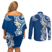 Aloha Polynesian Plumeria Flower Couples Matching Off Shoulder Short Dress and Long Sleeve Button Shirt Blue Color LT03 - Polynesian Pride