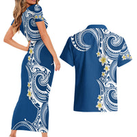 Aloha Polynesian Plumeria Flower Couples Matching Short Sleeve Bodycon Dress and Hawaiian Shirt Blue Color LT03 - Polynesian Pride