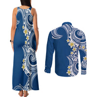 Aloha Polynesian Plumeria Flower Couples Matching Tank Maxi Dress and Long Sleeve Button Shirt Blue Color