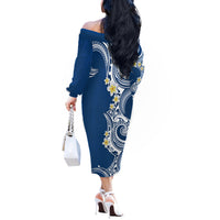 Aloha Polynesian Plumeria Flower Off The Shoulder Long Sleeve Dress Blue Color