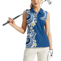 Aloha Polynesian Plumeria Flower Women Sleeveless Polo Shirt Blue Color