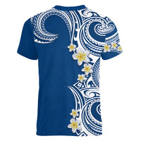 Aloha Polynesian Plumeria Flower Women V-Neck T-Shirt Blue Color