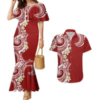 Aloha Polynesian Plumeria Flower Couples Matching Mermaid Dress and Hawaiian Shirt Red Color LT03 Red - Polynesian Pride