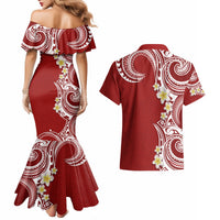 Aloha Polynesian Plumeria Flower Couples Matching Mermaid Dress and Hawaiian Shirt Red Color LT03 - Polynesian Pride