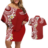 Aloha Polynesian Plumeria Flower Couples Matching Off Shoulder Short Dress and Hawaiian Shirt Red Color LT03 Red - Polynesian Pride