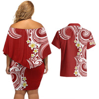 Aloha Polynesian Plumeria Flower Couples Matching Off Shoulder Short Dress and Hawaiian Shirt Red Color LT03 - Polynesian Pride