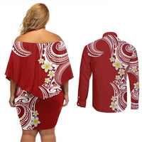 Aloha Polynesian Plumeria Flower Couples Matching Off Shoulder Short Dress and Long Sleeve Button Shirt Red Color LT03 - Polynesian Pride