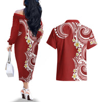 Aloha Polynesian Plumeria Flower Couples Matching Off The Shoulder Long Sleeve Dress and Hawaiian Shirt Red Color