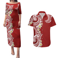 Aloha Polynesian Plumeria Flower Couples Matching Puletasi and Hawaiian Shirt Red Color