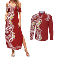 Aloha Polynesian Plumeria Flower Couples Matching Summer Maxi Dress and Long Sleeve Button Shirt Red Color LT03 Red - Polynesian Pride