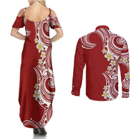 Aloha Polynesian Plumeria Flower Couples Matching Summer Maxi Dress and Long Sleeve Button Shirt Red Color LT03 - Polynesian Pride