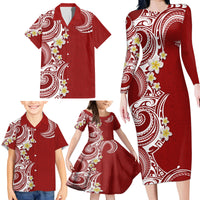 Aloha Polynesian Plumeria Flower Family Matching Long Sleeve Bodycon Dress and Hawaiian Shirt Red Color LT03 - Polynesian Pride