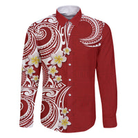 Aloha Polynesian Plumeria Flower Family Matching Long Sleeve Bodycon Dress and Hawaiian Shirt Red Color LT03 Dad's Shirt - Long Sleeve Red - Polynesian Pride