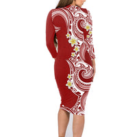 Aloha Polynesian Plumeria Flower Family Matching Long Sleeve Bodycon Dress and Hawaiian Shirt Red Color LT03 - Polynesian Pride