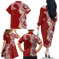 Aloha Polynesian Plumeria Flower Family Matching Off The Shoulder Long Sleeve Dress and Hawaiian Shirt Red Color