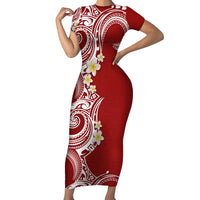 Aloha Polynesian Plumeria Flower Short Sleeve Bodycon Dress Red Color LT03 Long Dress Red - Polynesian Pride