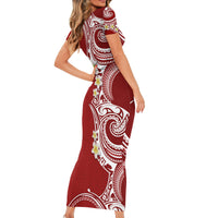 Aloha Polynesian Plumeria Flower Short Sleeve Bodycon Dress Red Color LT03 - Polynesian Pride