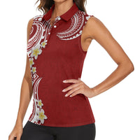 Aloha Polynesian Plumeria Flower Women Sleeveless Polo Shirt Red Color