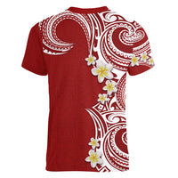 Aloha Polynesian Plumeria Flower Women V-Neck T-Shirt Red Color