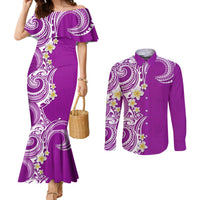 Aloha Polynesian Plumeria Flower Couples Matching Mermaid Dress and Long Sleeve Button Shirt Purple Color LT03 Purple - Polynesian Pride