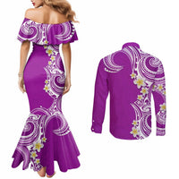 Aloha Polynesian Plumeria Flower Couples Matching Mermaid Dress and Long Sleeve Button Shirt Purple Color LT03 - Polynesian Pride
