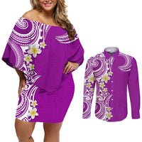 Aloha Polynesian Plumeria Flower Couples Matching Off Shoulder Short Dress and Long Sleeve Button Shirt Purple Color LT03 Purple - Polynesian Pride