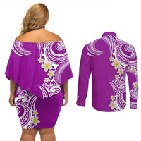 Aloha Polynesian Plumeria Flower Couples Matching Off Shoulder Short Dress and Long Sleeve Button Shirt Purple Color LT03 - Polynesian Pride