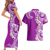 Aloha Polynesian Plumeria Flower Couples Matching Short Sleeve Bodycon Dress and Hawaiian Shirt Purple Color LT03 - Polynesian Pride